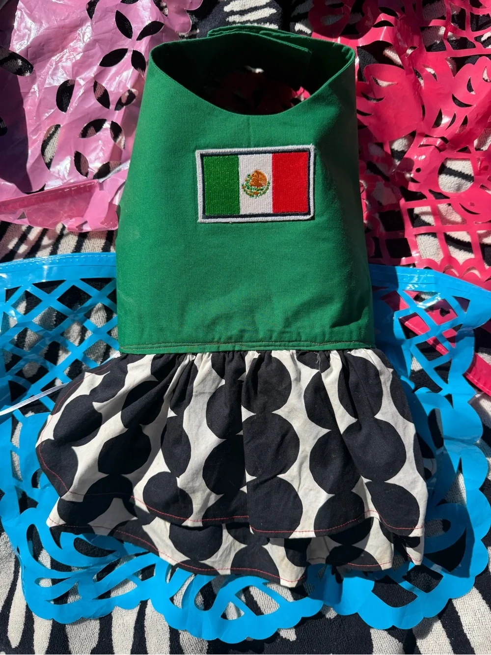 Handmade Pet Mexican Flag Applique Dress with Black & White Polka Skirt